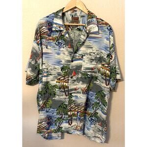 Pineapple Connection Hawaiian Shirt Men's L Palm Trees Waves Clouds